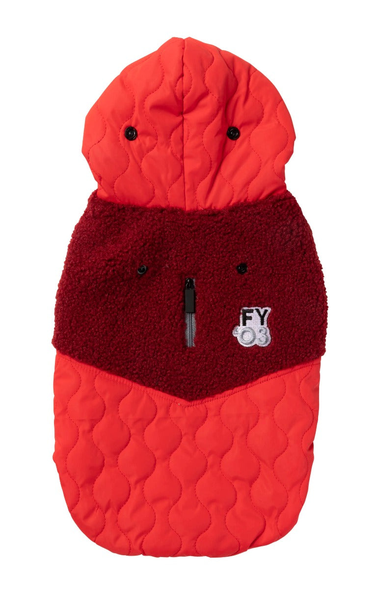 Warm red quilted Fabric and fleece hoodie for dogs