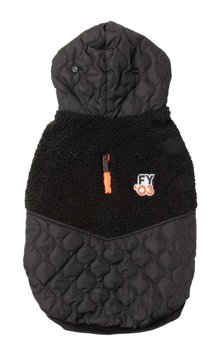 Warm black quilted fabric and fleece hoodie for dogs