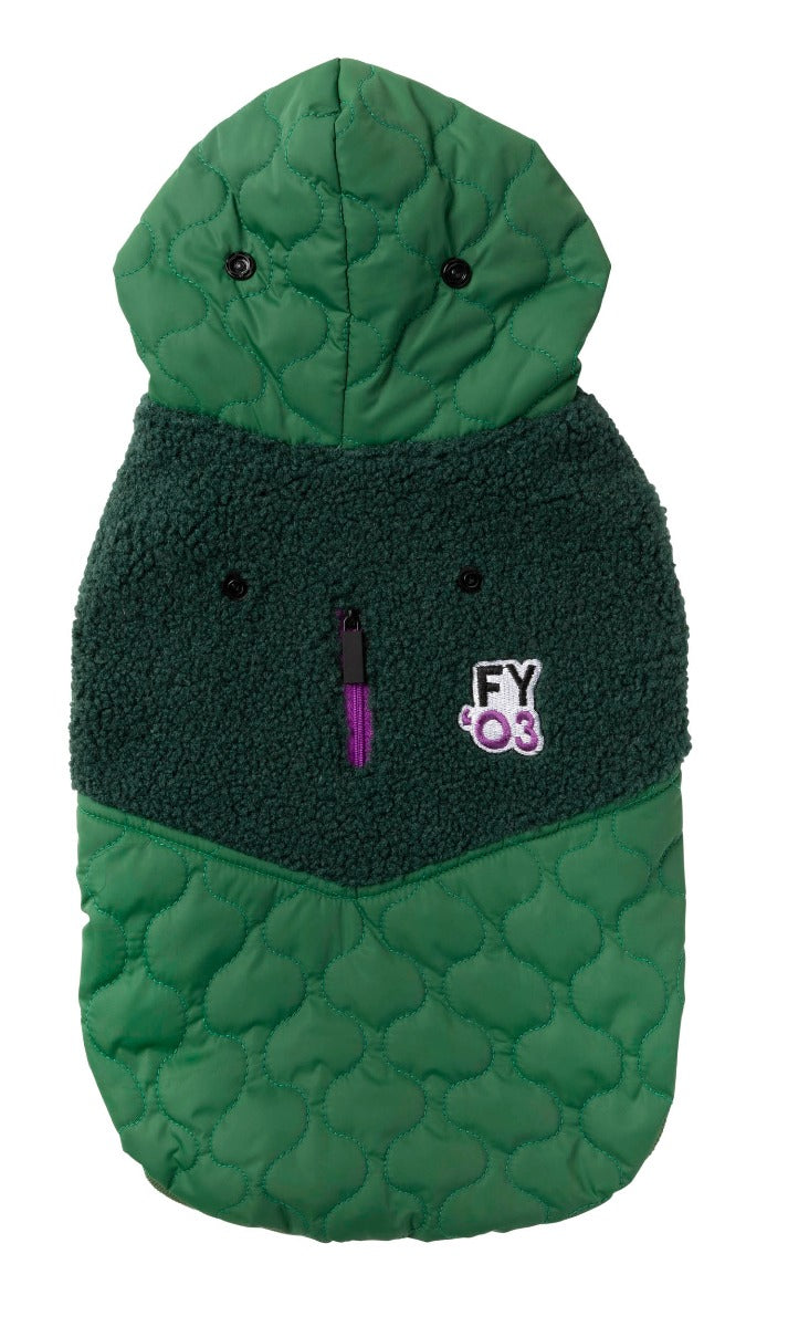 Warm green quilted fabric and fleece hoodie for dogs